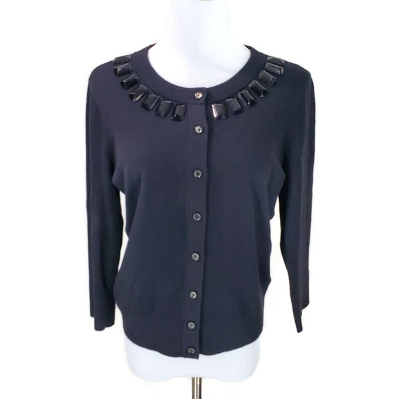 Kate Spade Cardigan Sweater Embellished Jeweled Beaded Collar Black Women’s M - Picture 2 of 15